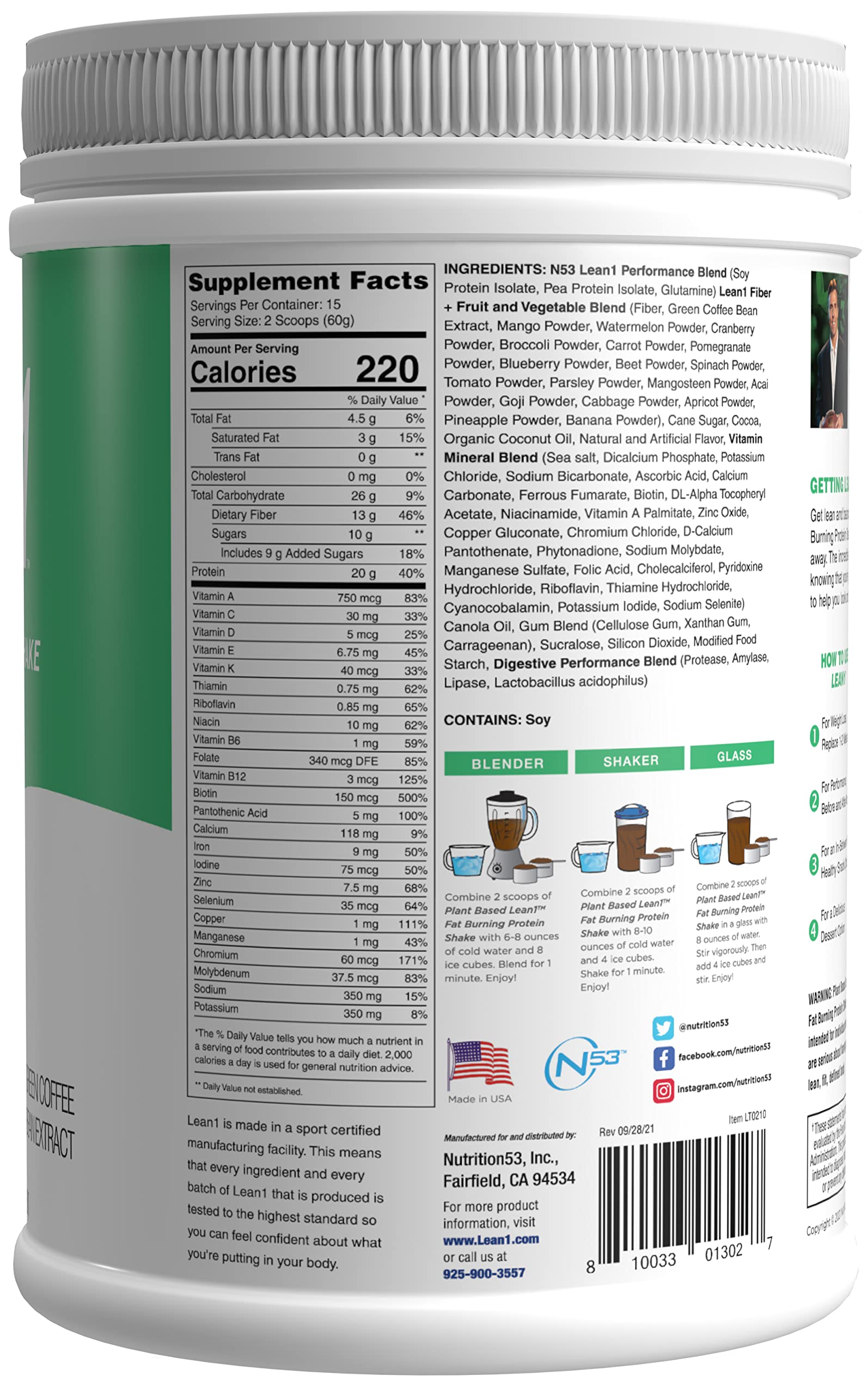 Nutrition facts for Lean1 Chocolate 15-serving tub