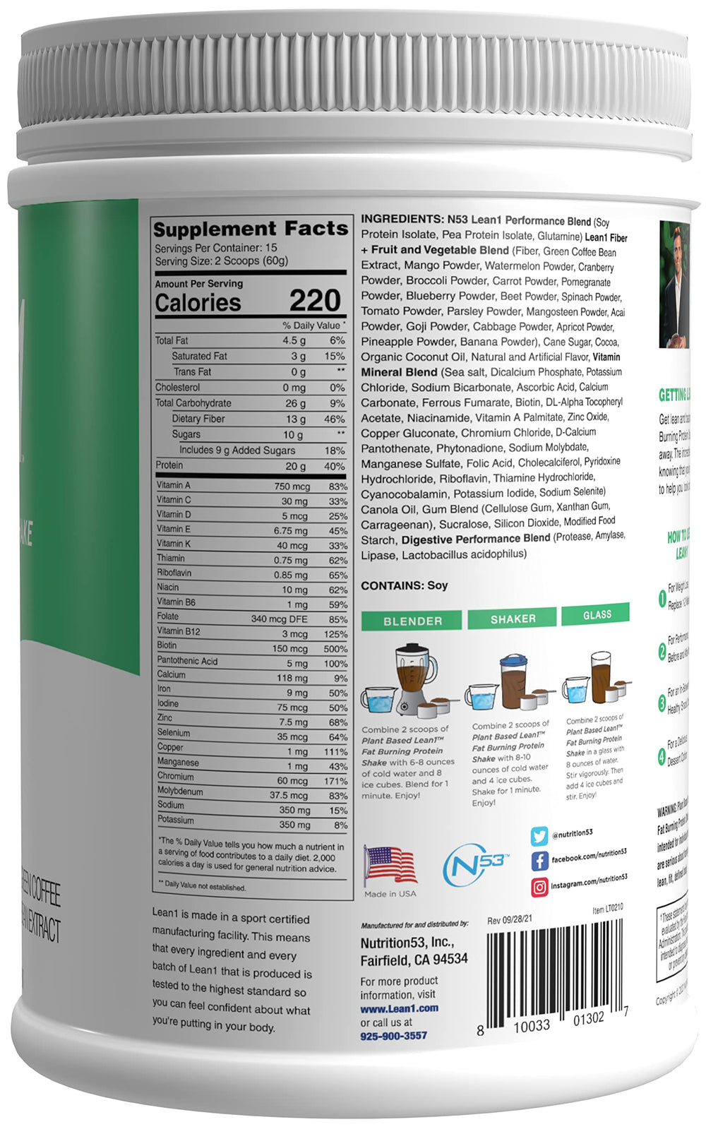 Nutrition facts for Lean1 Chocolate 15-serving tub