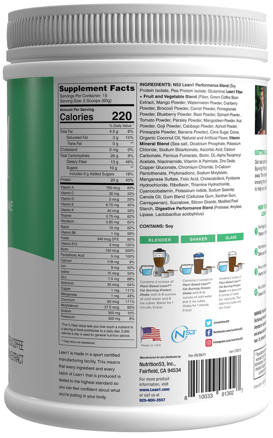 Nutrition facts for Lean1 Chocolate 15-serving tub