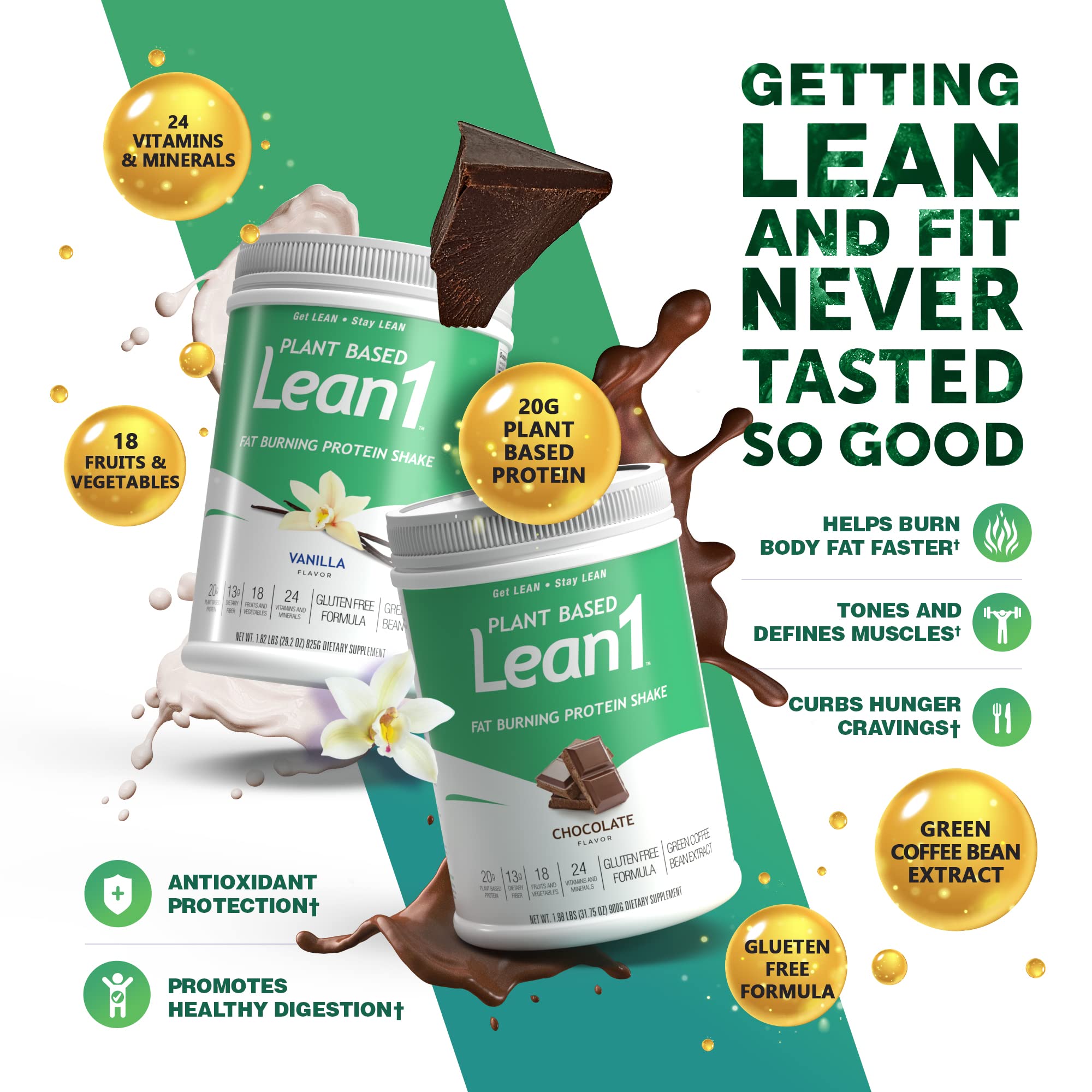 Close-up of Lean1 plant-based protein powder being dispensed