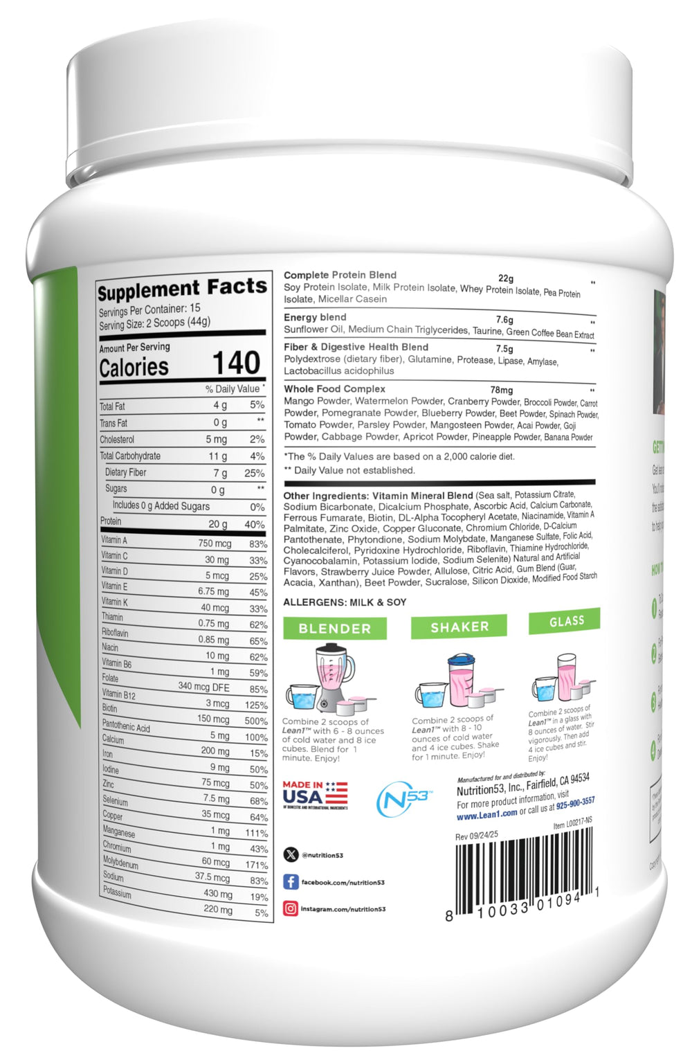 LEAN1 complete protein matrix ingredients highlight diverse sources