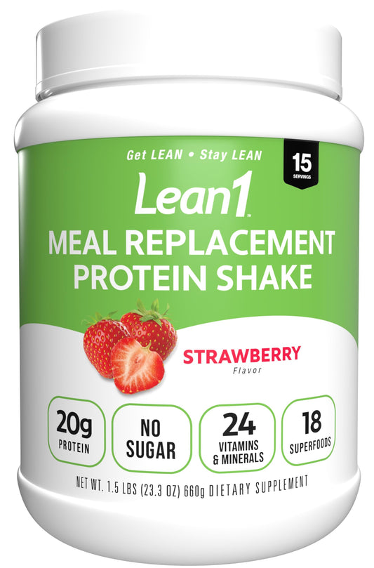Lean1 Strawberry flavored meal replacement protein shake tub - front view
