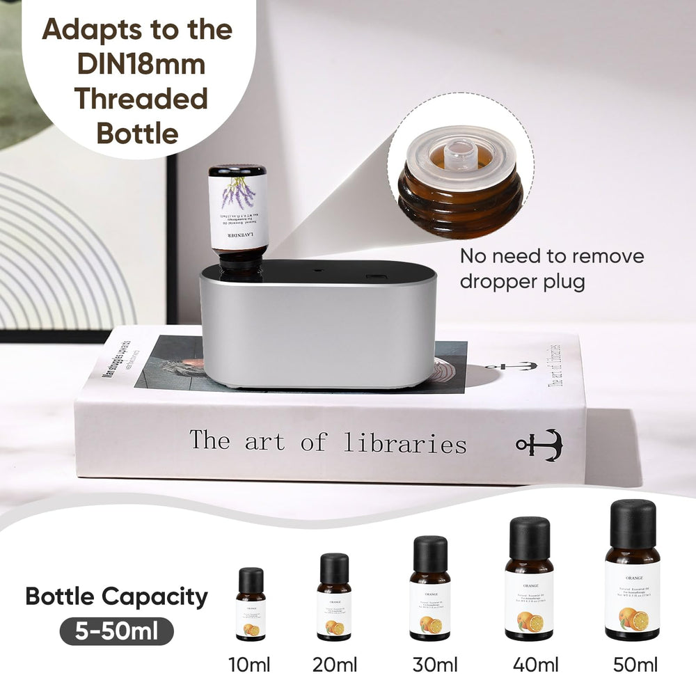 Battery-powered diffuser operating in a living room showing 400–700 sq ft coverage