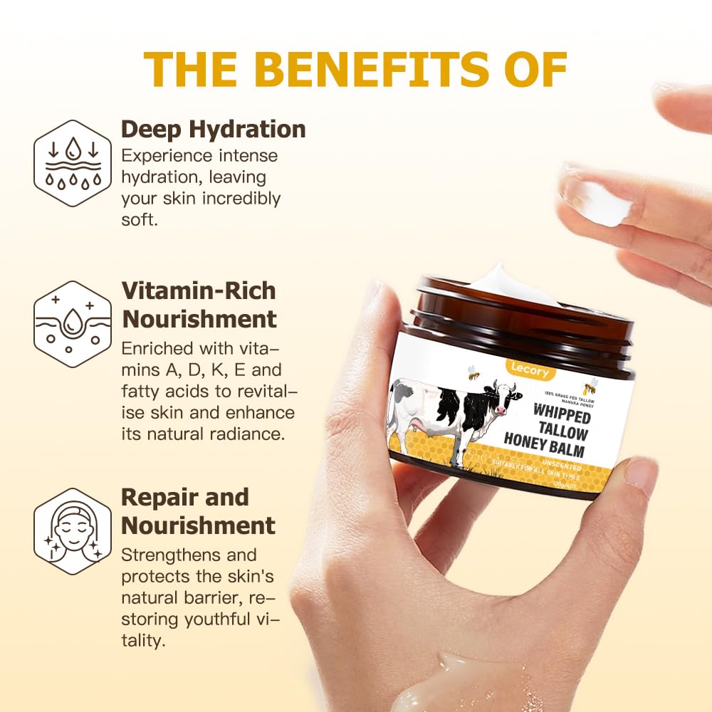 Lecory Beef Tallow Whipped Balm demonstrates cloud-like texture that melts on contact.