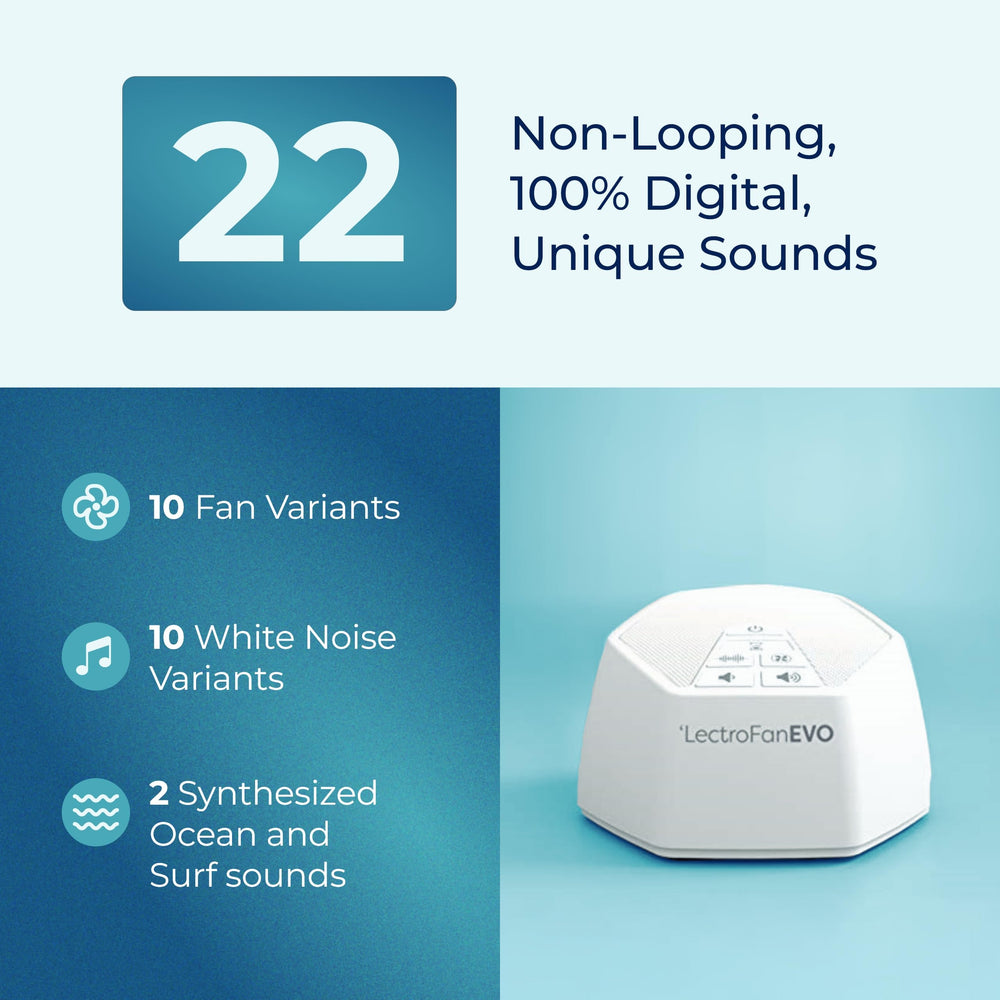 LectroFan EVO in-use closeup demonstrates 22 non-looping sounds for consistent masking