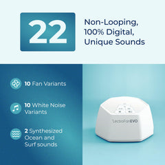 LectroFan EVO in-use closeup demonstrates 22 non-looping sounds for consistent masking