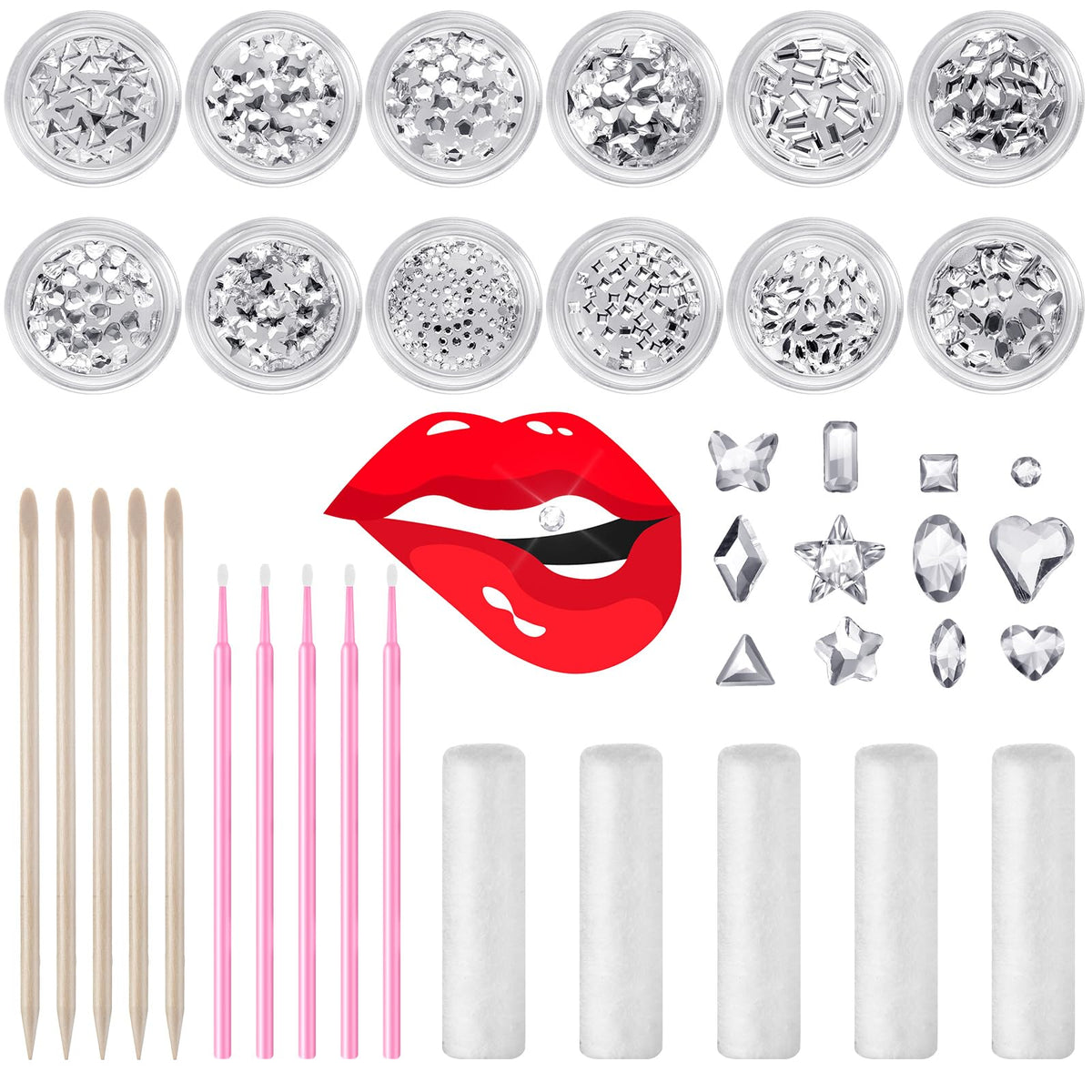 Leelosp 480 Pcs Tooth Gem Kit components arranged including gems and boxes