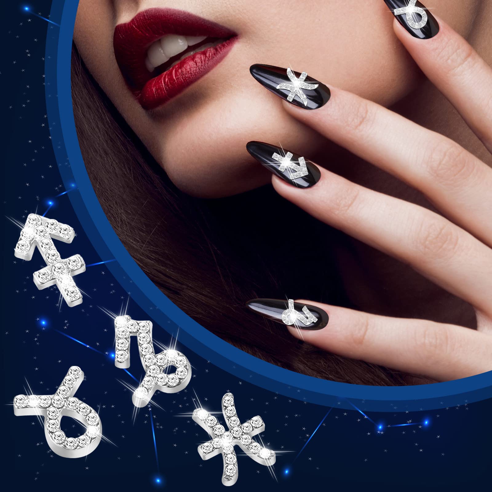 Leelosp zodiac nail charms silver close-up showing rhinestones for manicure