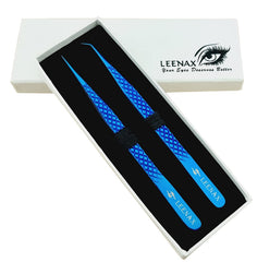 Leenax diamond grip blue tweezers closeup showing ergonomic control.