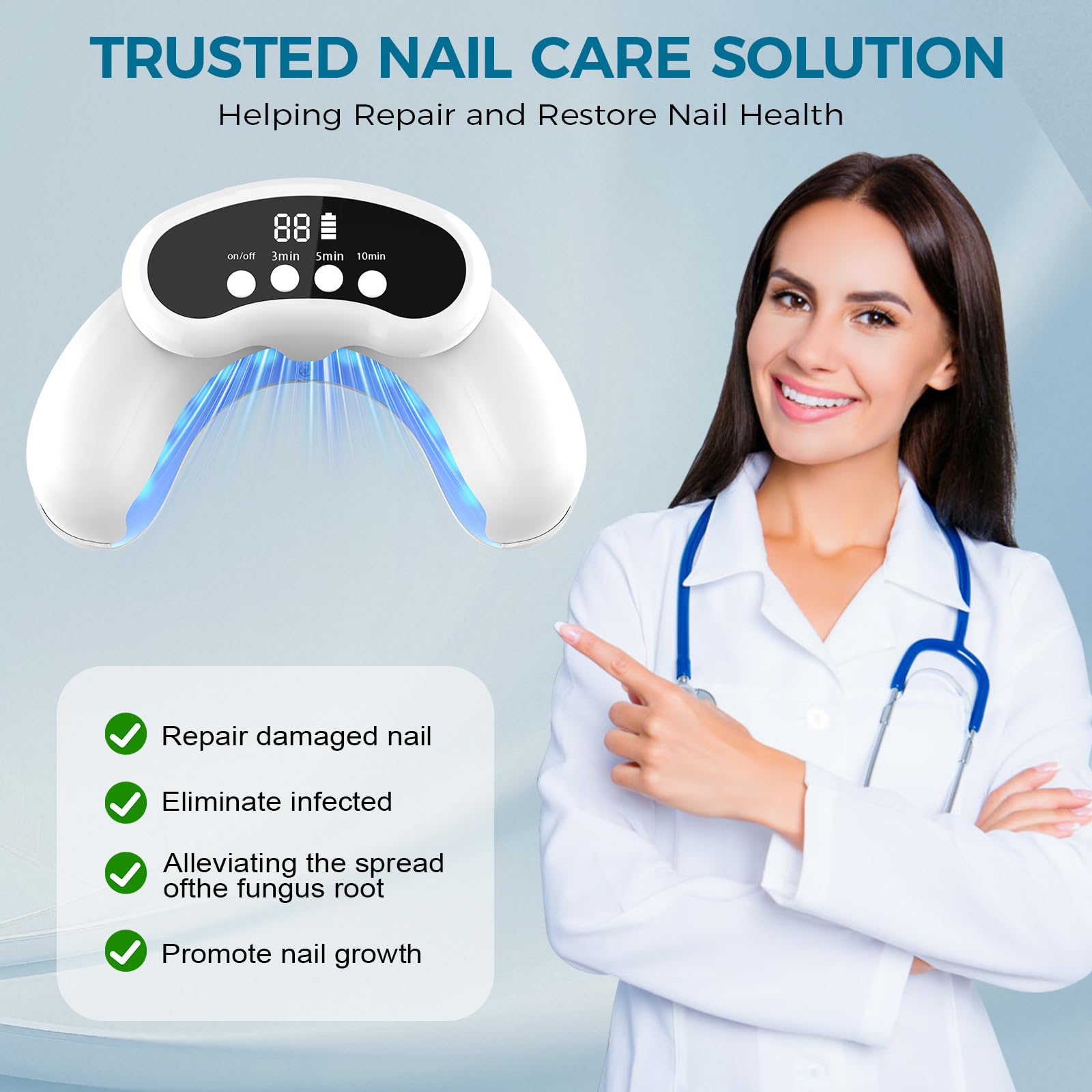 Leeyond device in use on a nail demonstrates handheld treatment motion