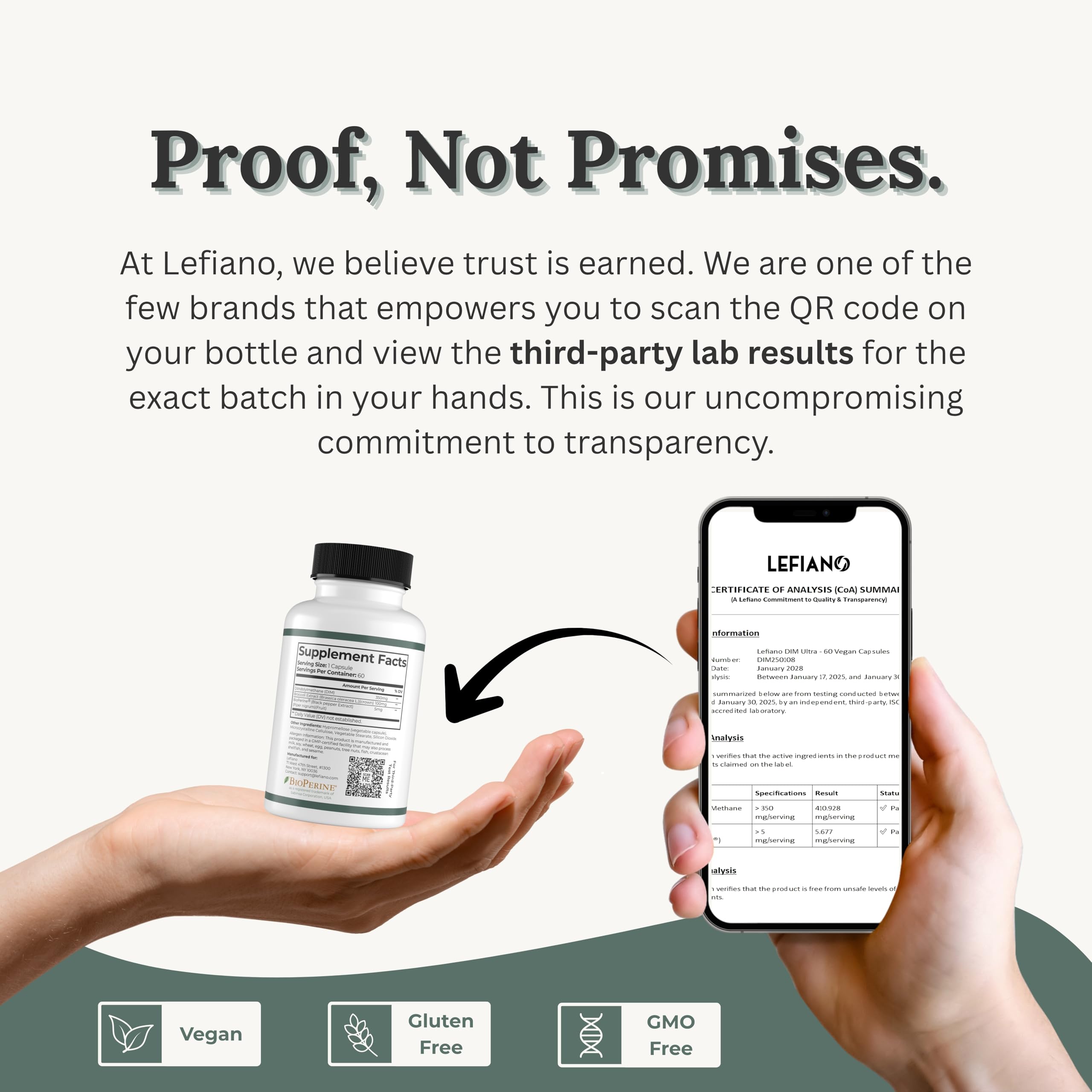 QR code on bottle linking to batch-specific Certificate of Analysis (CoA)