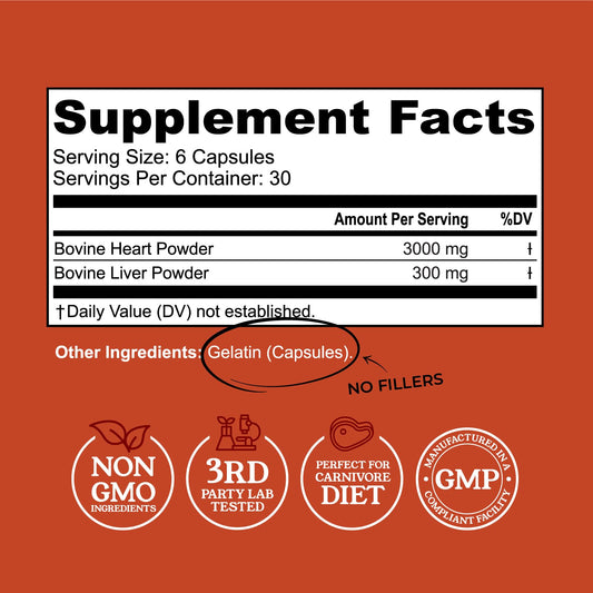 Beef heart and liver capsules close-up