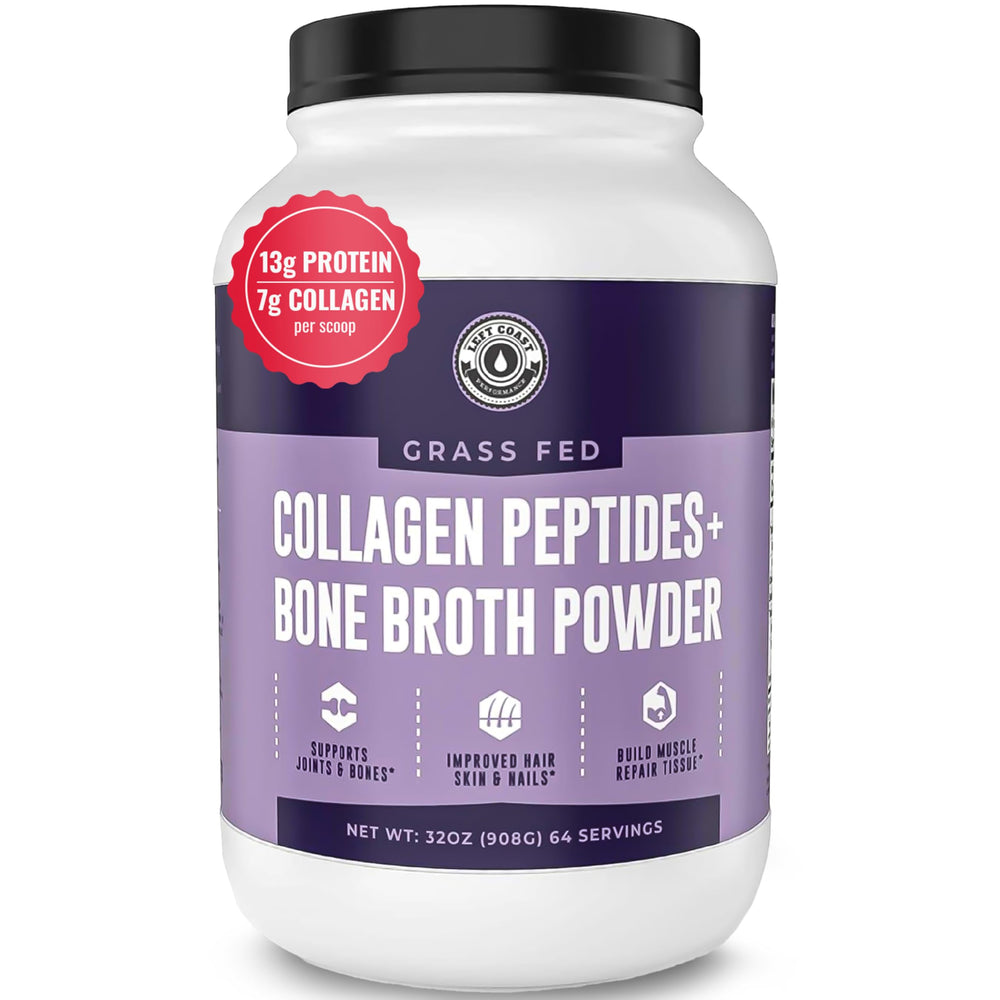 Left Coast Performance collagen bone broth powder jar highlights grass-fed ingredients for daily protein intake.