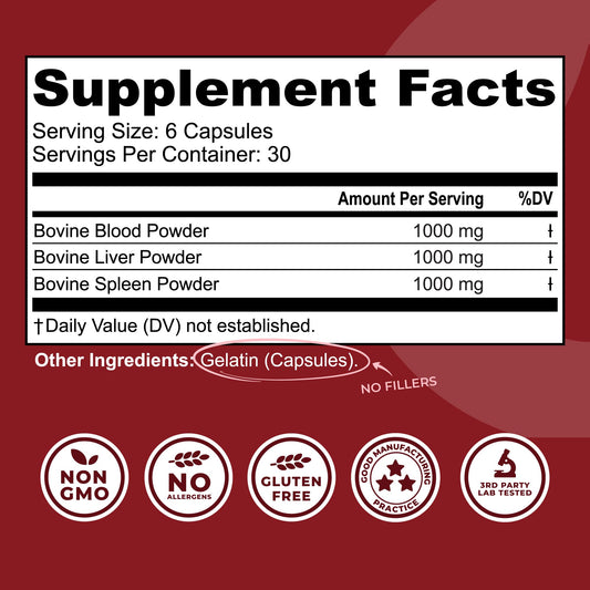 Close-up of freeze-dried bovine blood and liver capsules