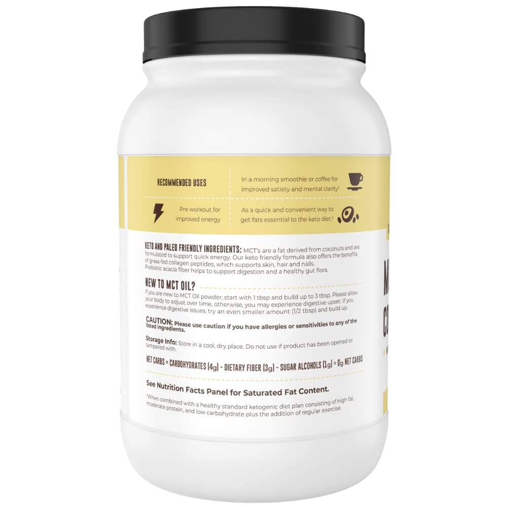 Left Coast Performance MCT Oil Powder jar in a kitchen setting ready for use.