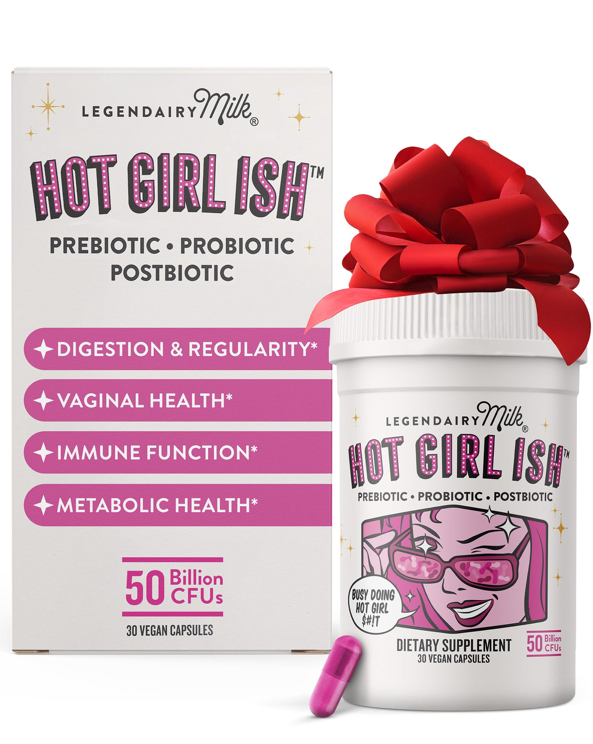 Hot Girl Ish probiotic bottle displaying 50B CFU