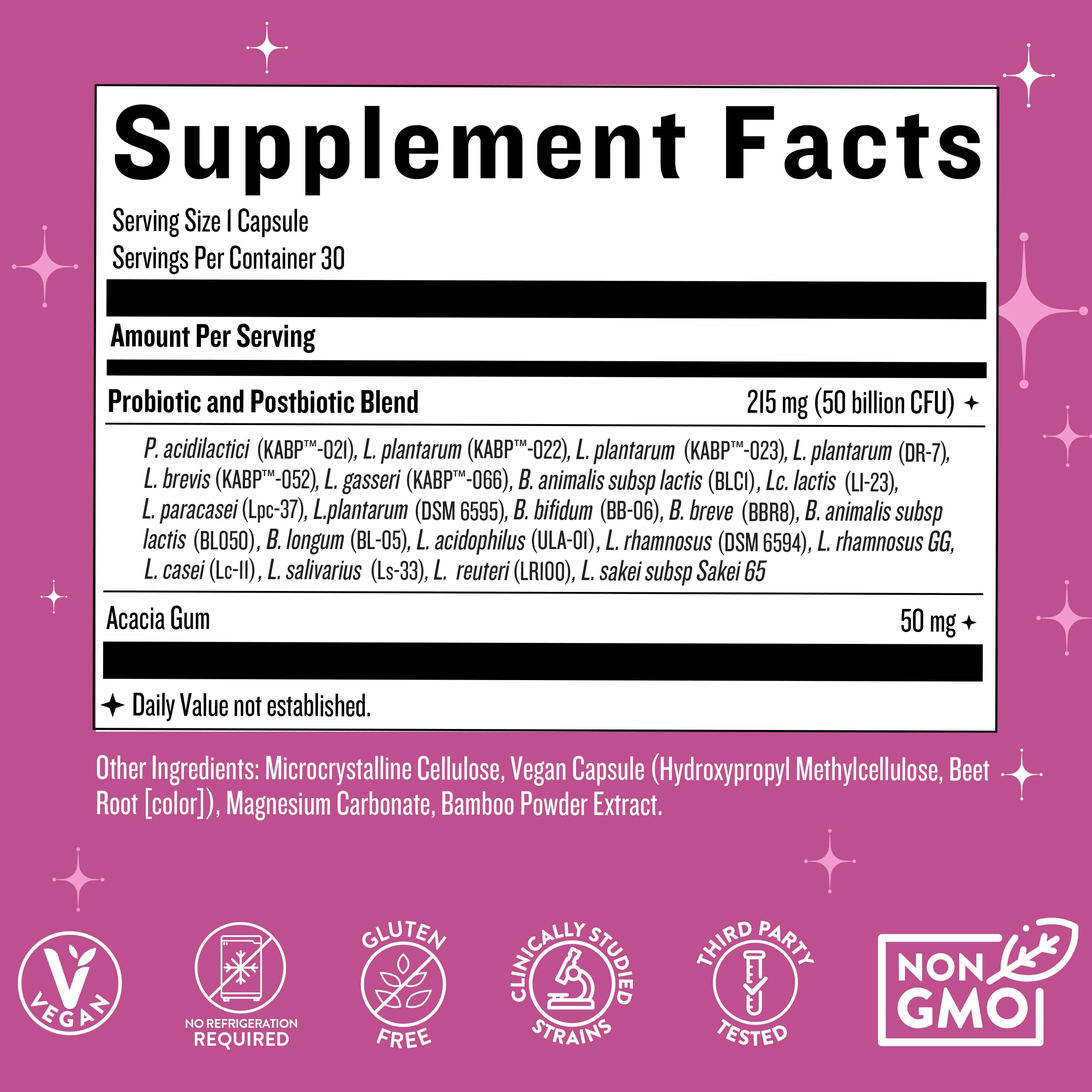 Close-up of bottle label showing 50B CFU and 20 strains
