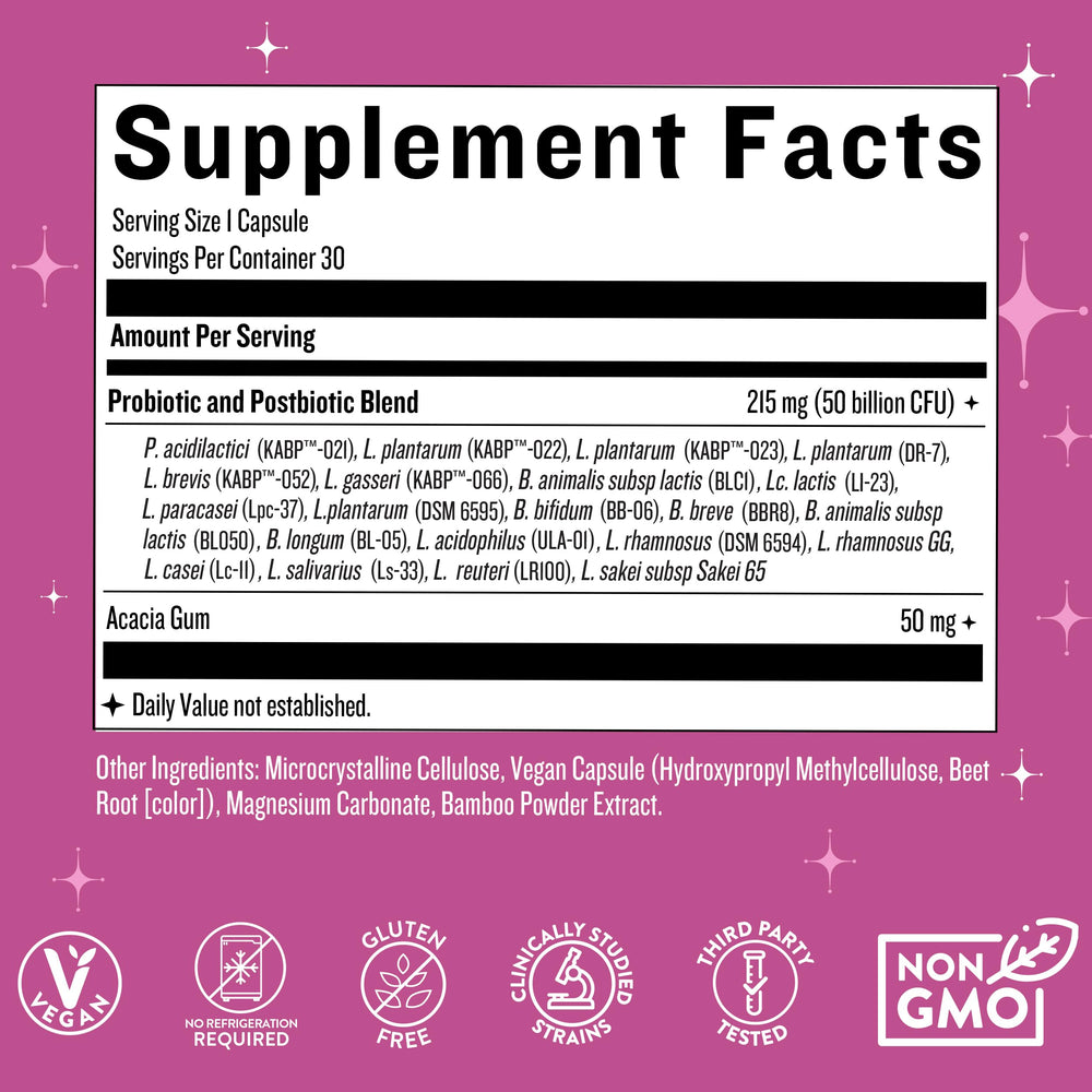 Close-up of bottle label showing 50B CFU and 20 strains