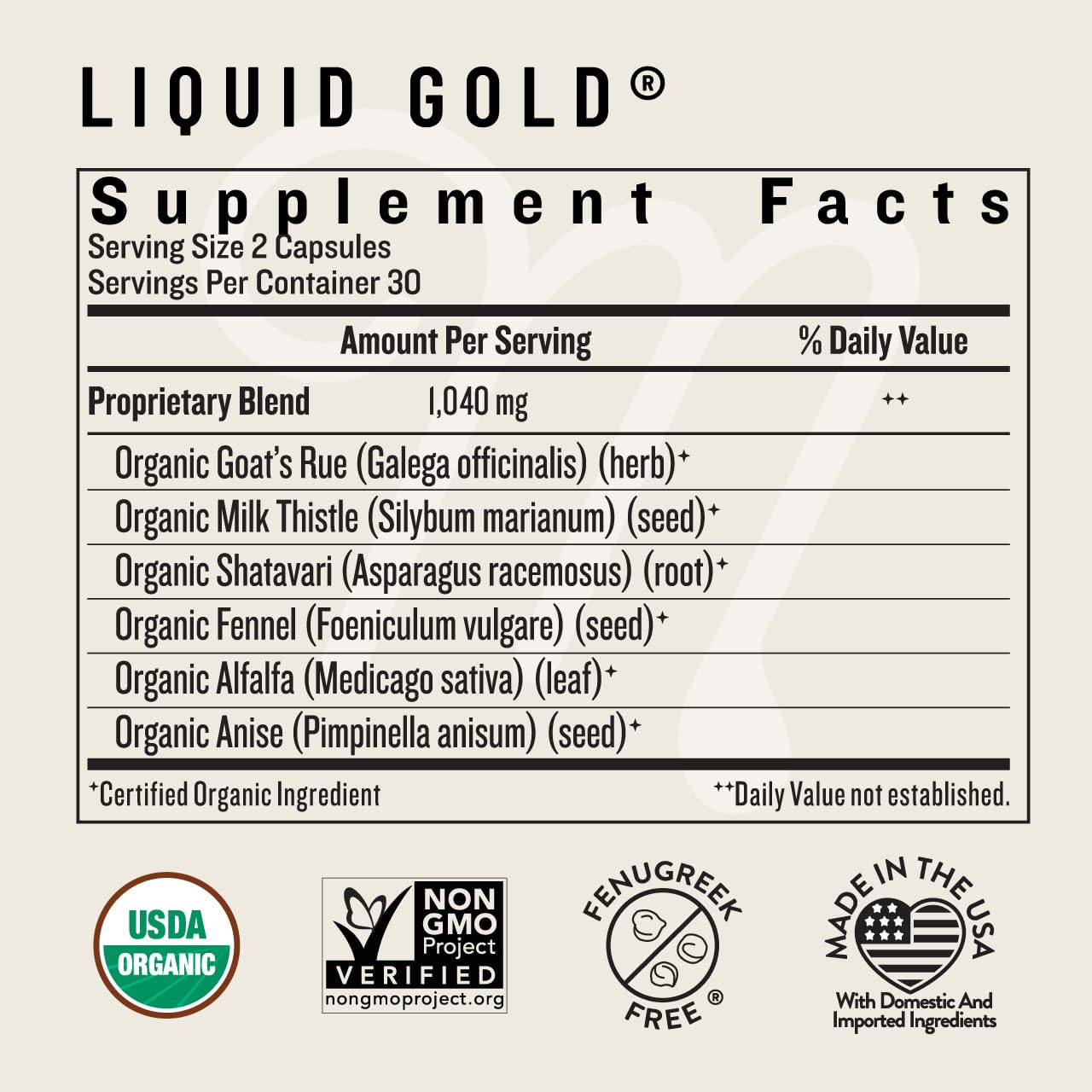 Close-up of Legendairy Milk Liquid Gold organic ingredients layout