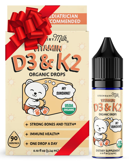 Front view of Legendairy Milk Baby Vitamin D3 K2 Drops bottle with label