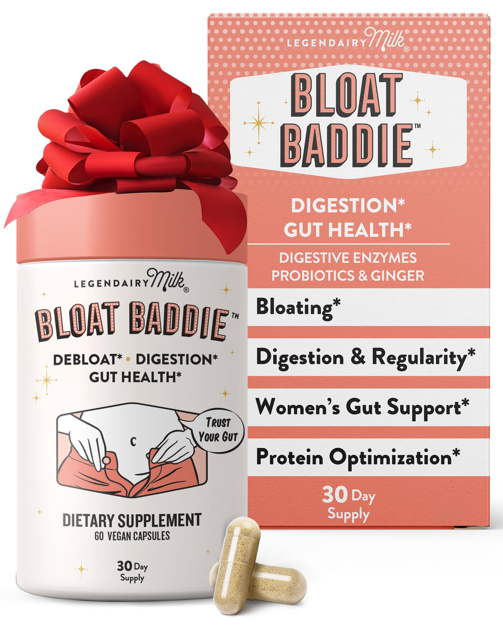 Hero image: Legendairy Milk Bloat Baddie 60 capsules bottle on white background