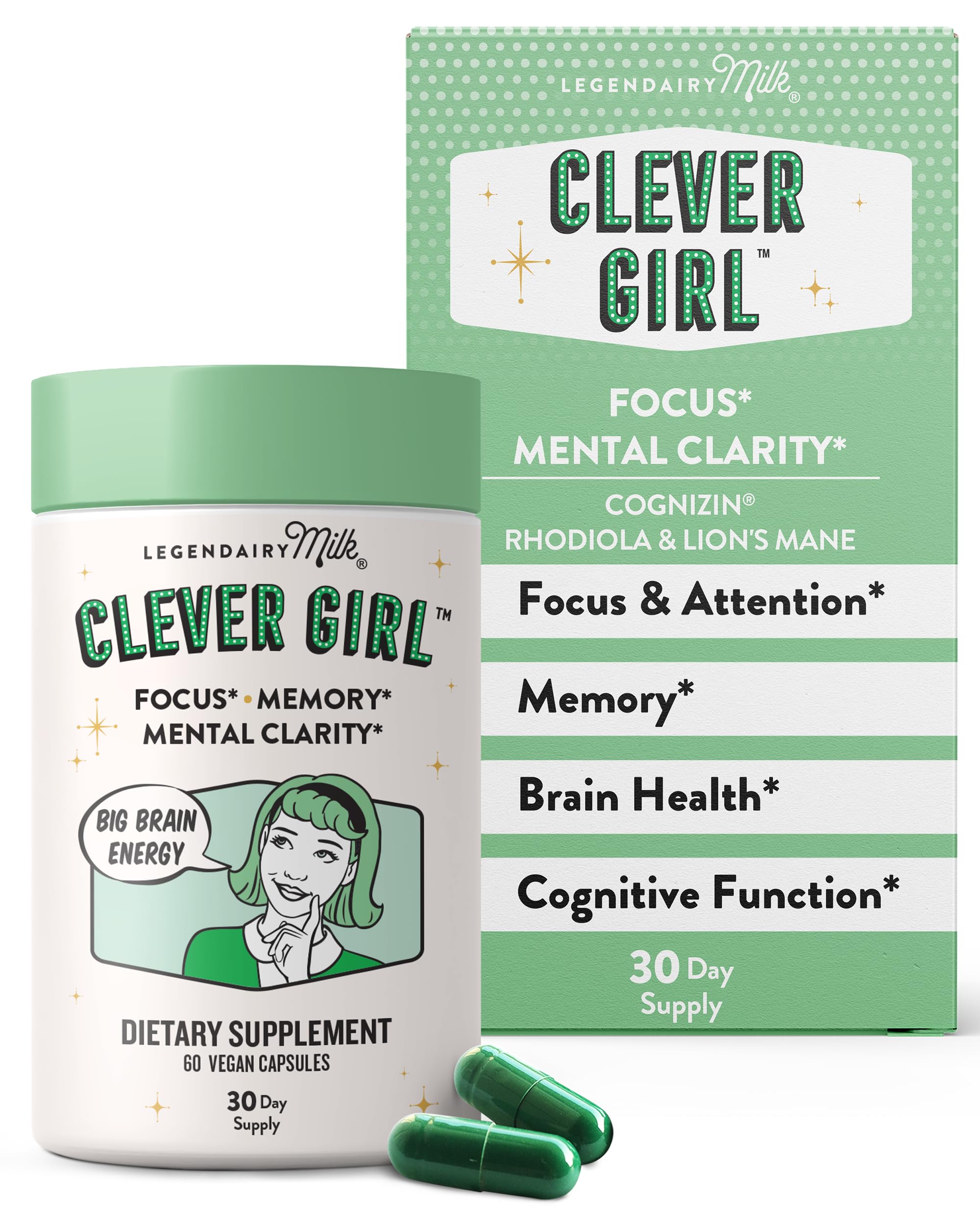 Legendairy Milk Clever Girl bottle with capsules for daily focus support.