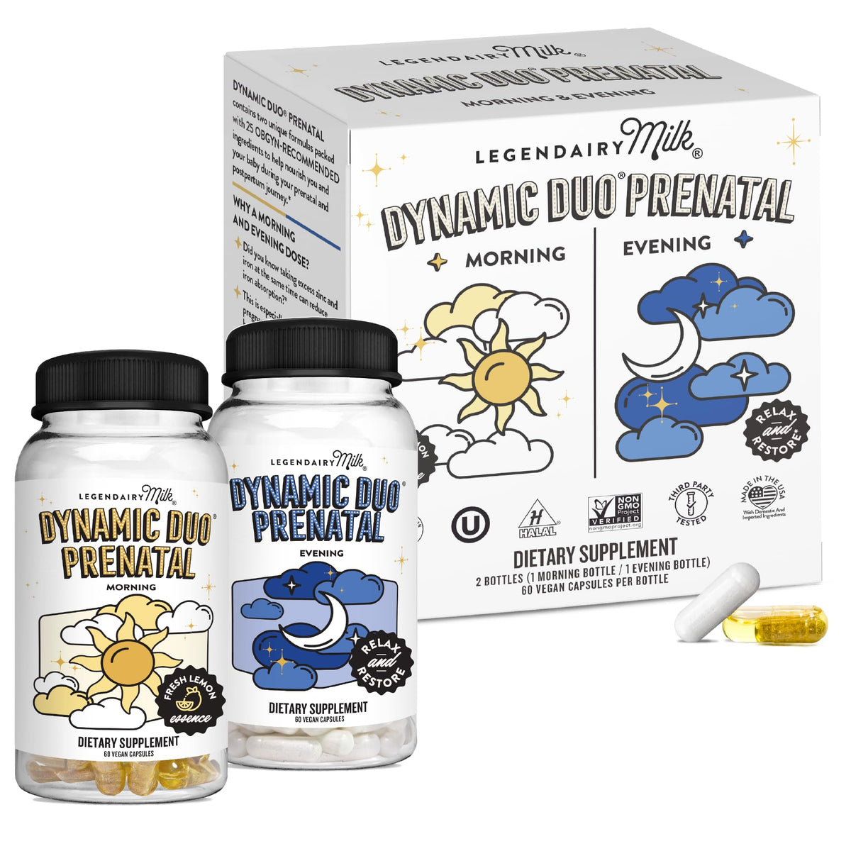Legendairy Milk Dynamic Duo Prenatal vitamins bottle and capsules