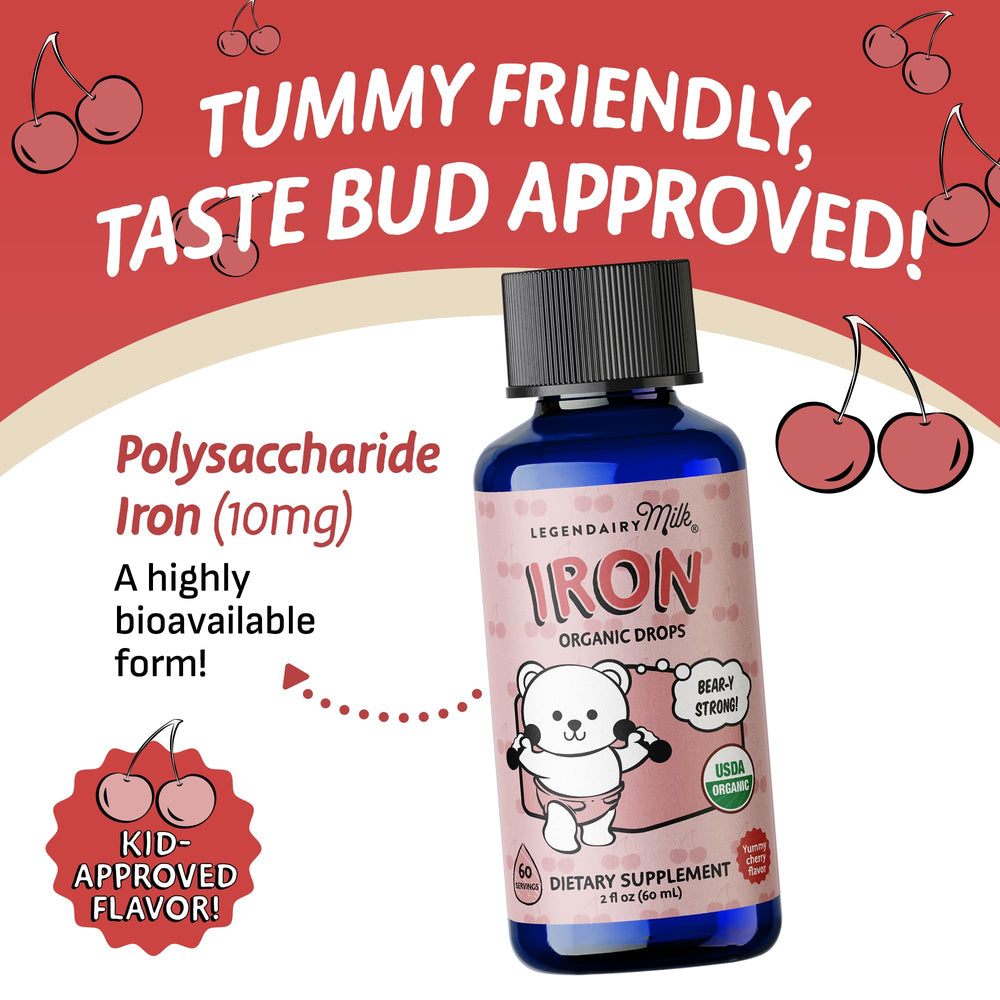 Dropper dispensing cherry-flavored liquid iron for kids