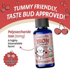 Dropper dispensing cherry-flavored liquid iron for kids