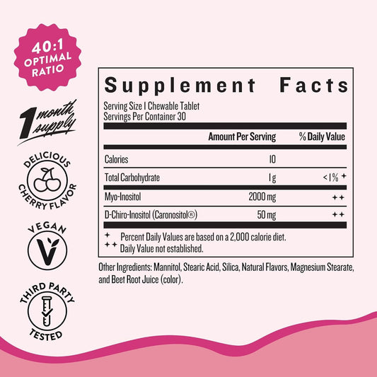 Close-up of Inositol chewable tablet showing 40:1 ratio claim