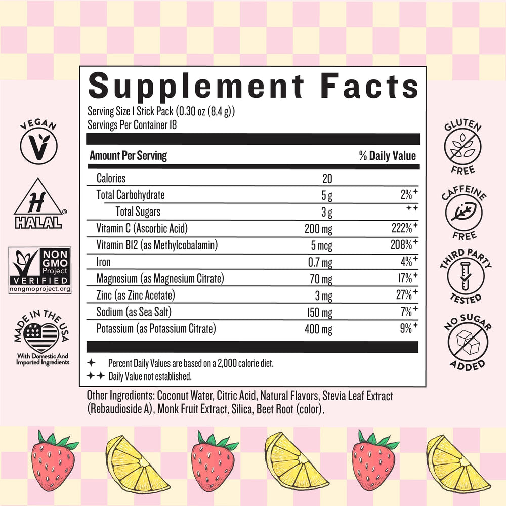 Back nutrition panel for Legendairy Milk She's Thirsty Strawberry Lemonade hydration packets