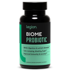 LEGION Biome Probiotic bottle shown for daily gut health support.