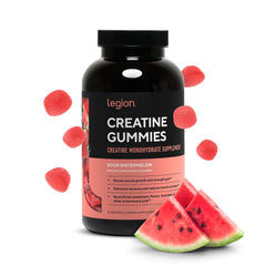 LEGION Creatine Gummies pack front with clean label and sour watermelon flavor for convenient training support.