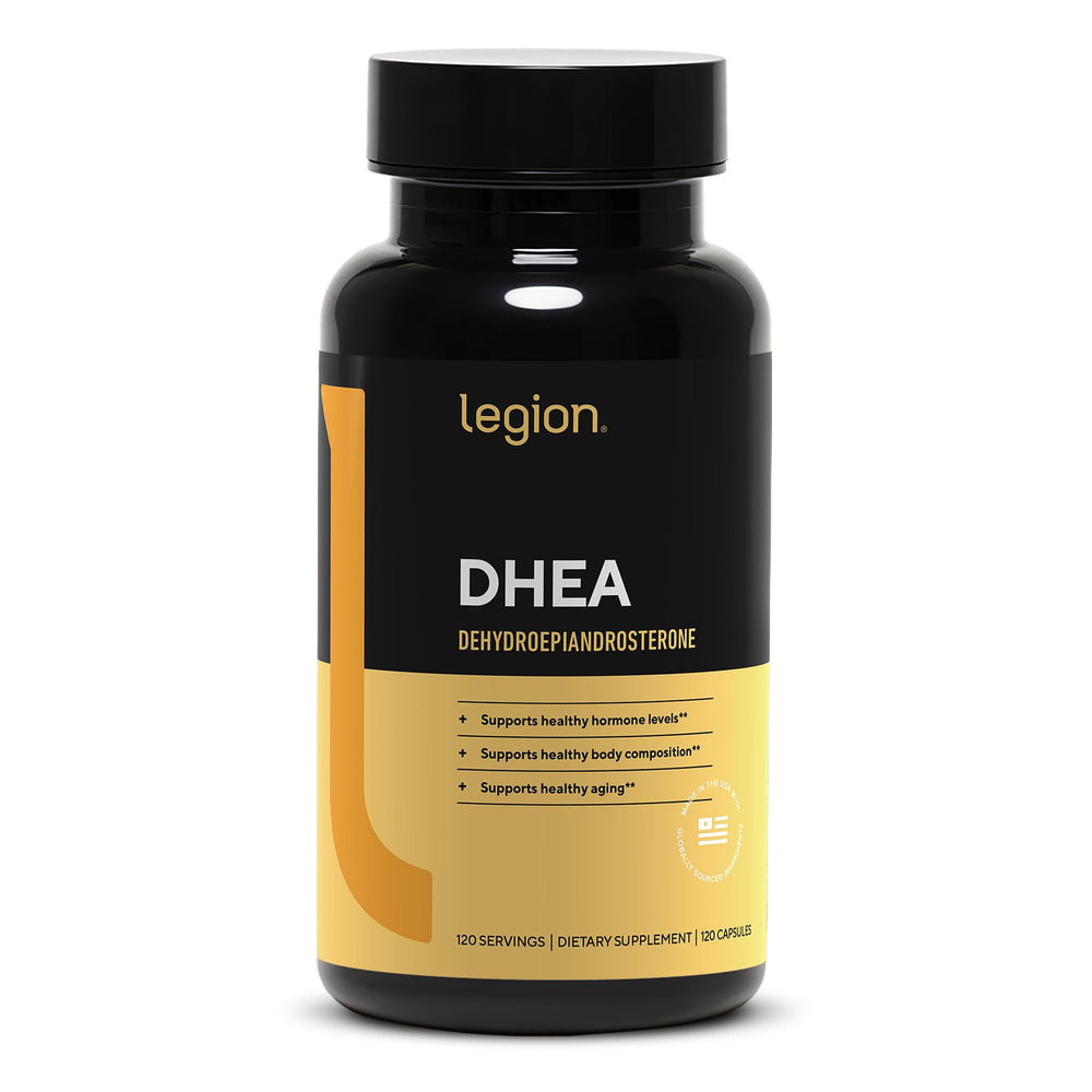 Front view of LEGION DHEA 50mg supplement bottle