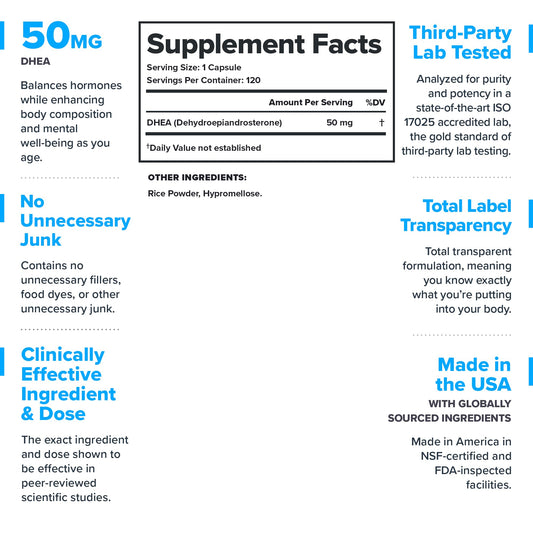 Close-up of LEGION DHEA 50mg label on bottle