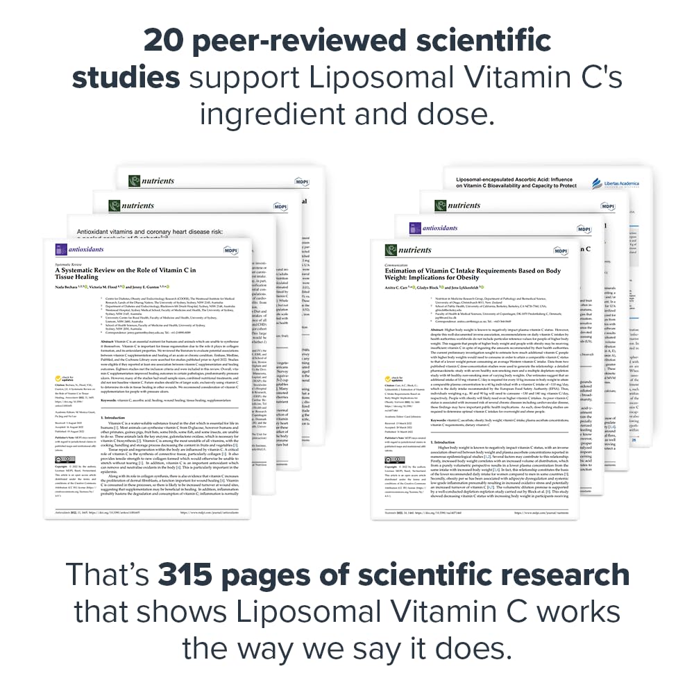 Label on bottle highlighting 500mg liposomal vitamin C and no artificial dyes