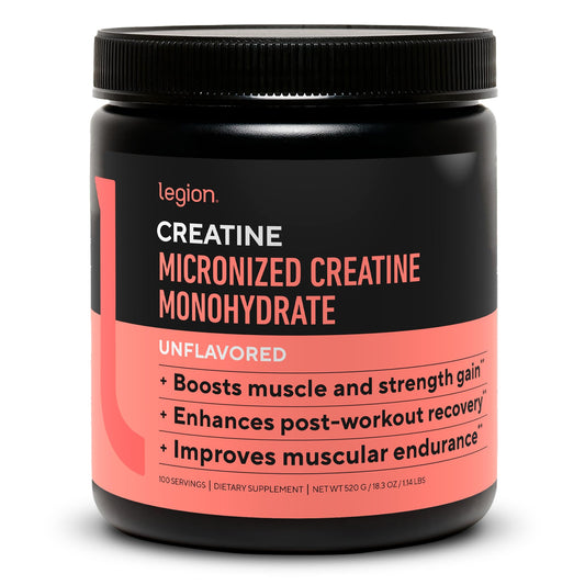 LEGION Micronized Creatine Monohydrate bottle with scoop, unflavored, 100 servings.