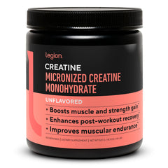 LEGION Micronized Creatine Monohydrate bottle with scoop, unflavored, 100 servings.