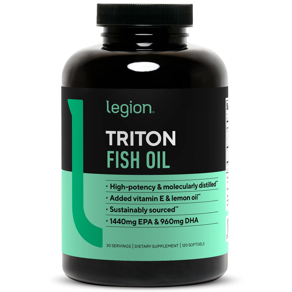 LEGION Triton Fish Oil Capsules bottle label showing 2400 mg EPA+DHA per serving