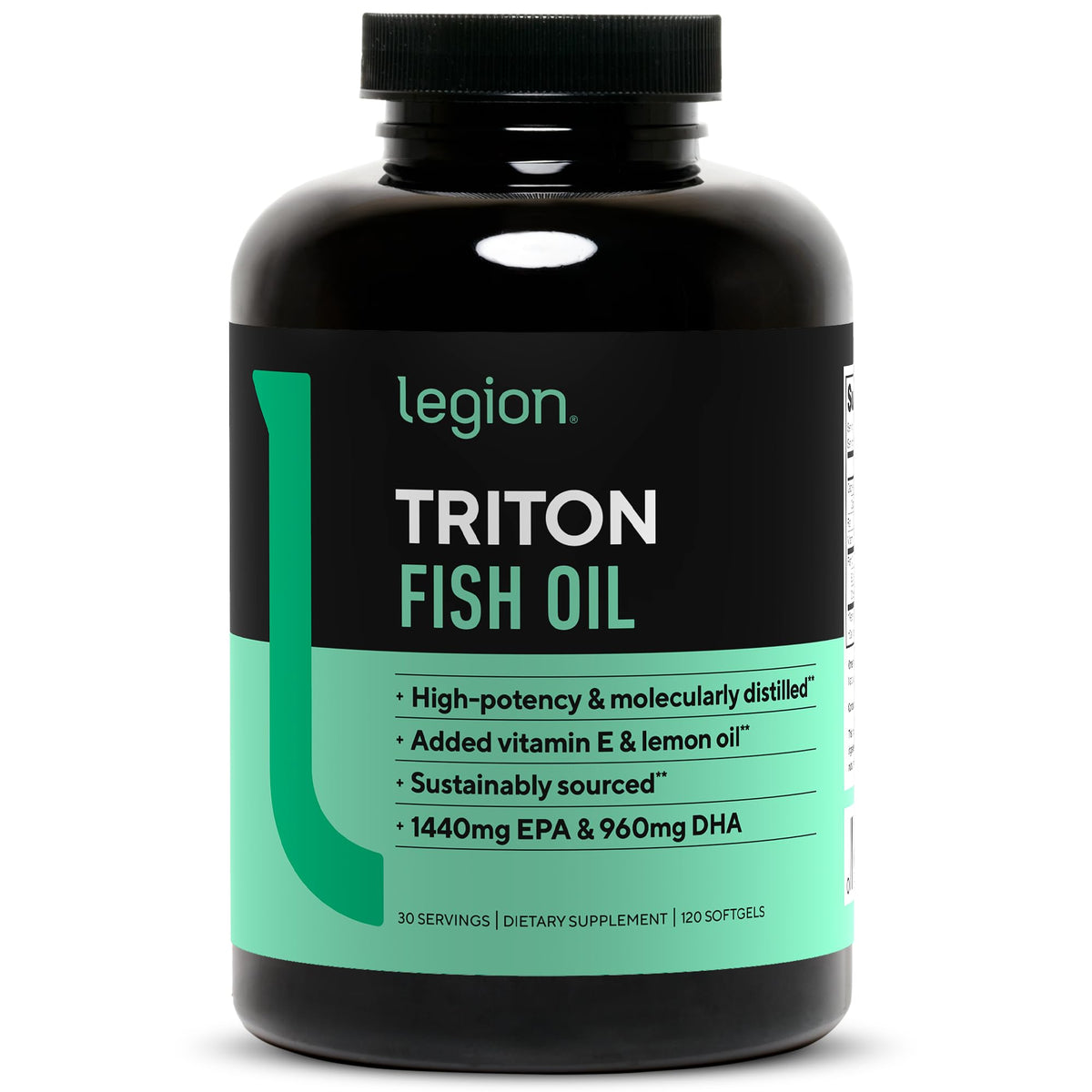 LEGION Triton Fish Oil Capsules bottle label showing 2400 mg EPA+DHA per serving