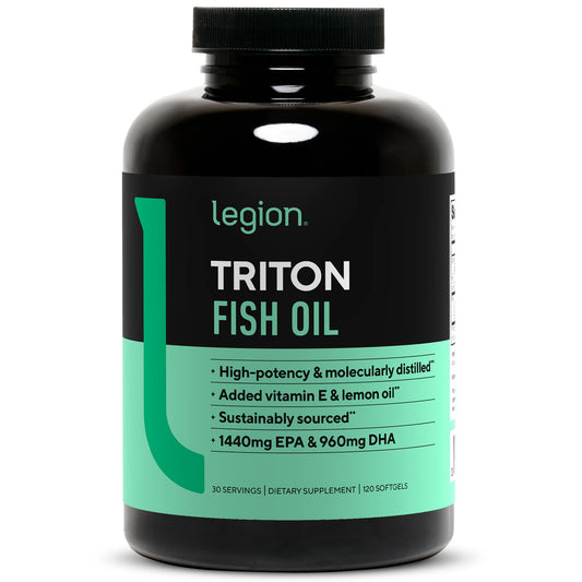 LEGION Triton Fish Oil Capsules bottle label showing 2400 mg EPA+DHA per serving