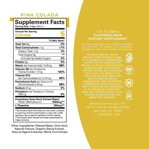 Front view of LEILO Kava Pina Colada Mocktail 12-pack cans
