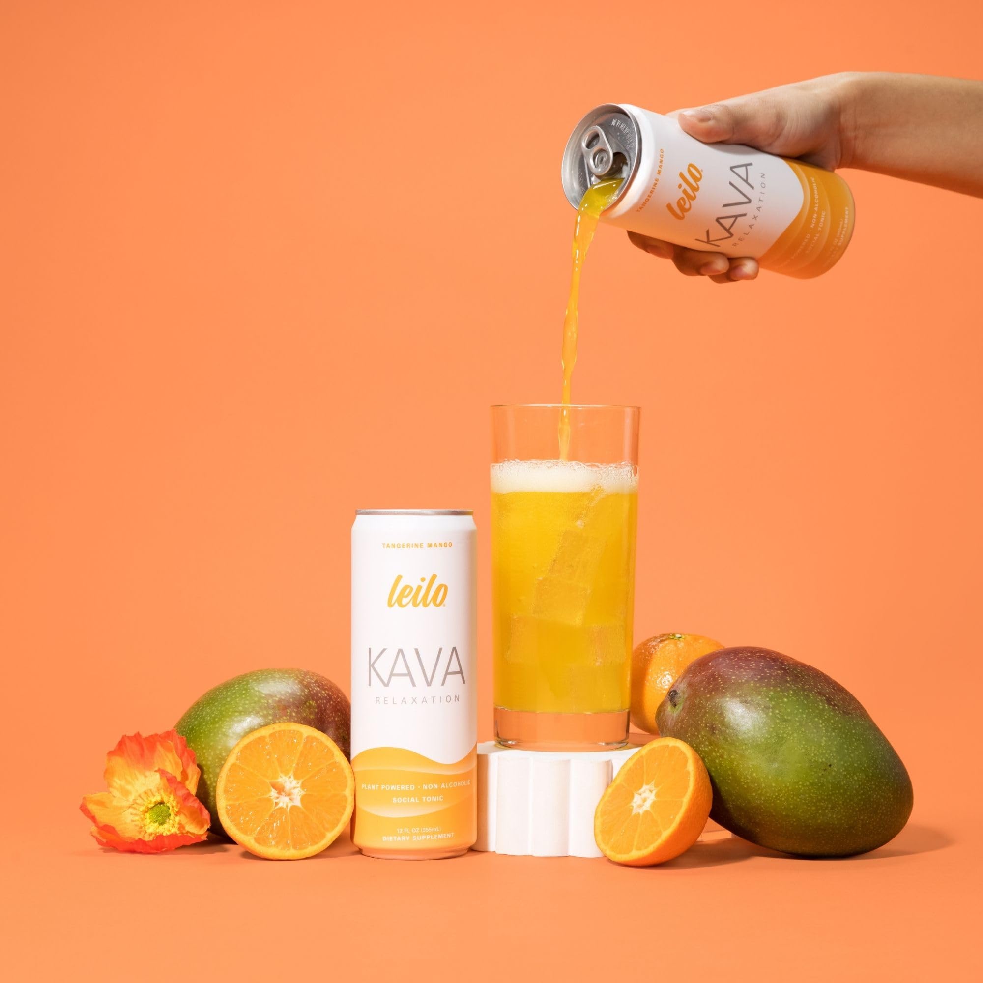 LEILO kava powered relaxation bottle emphasizing calm mood and natural ingredients