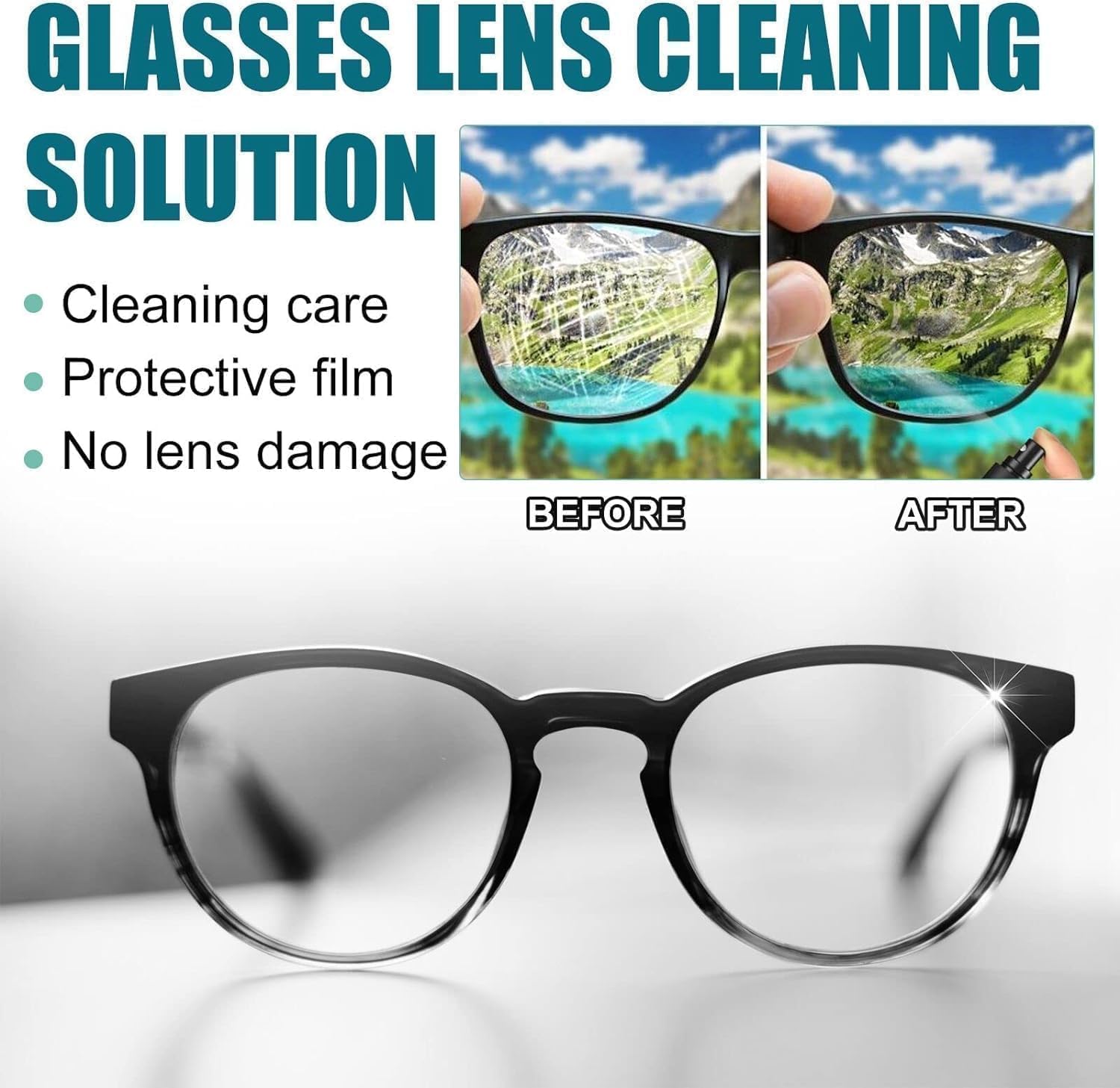 Spray bottle applying scratch remover on eyeglasses