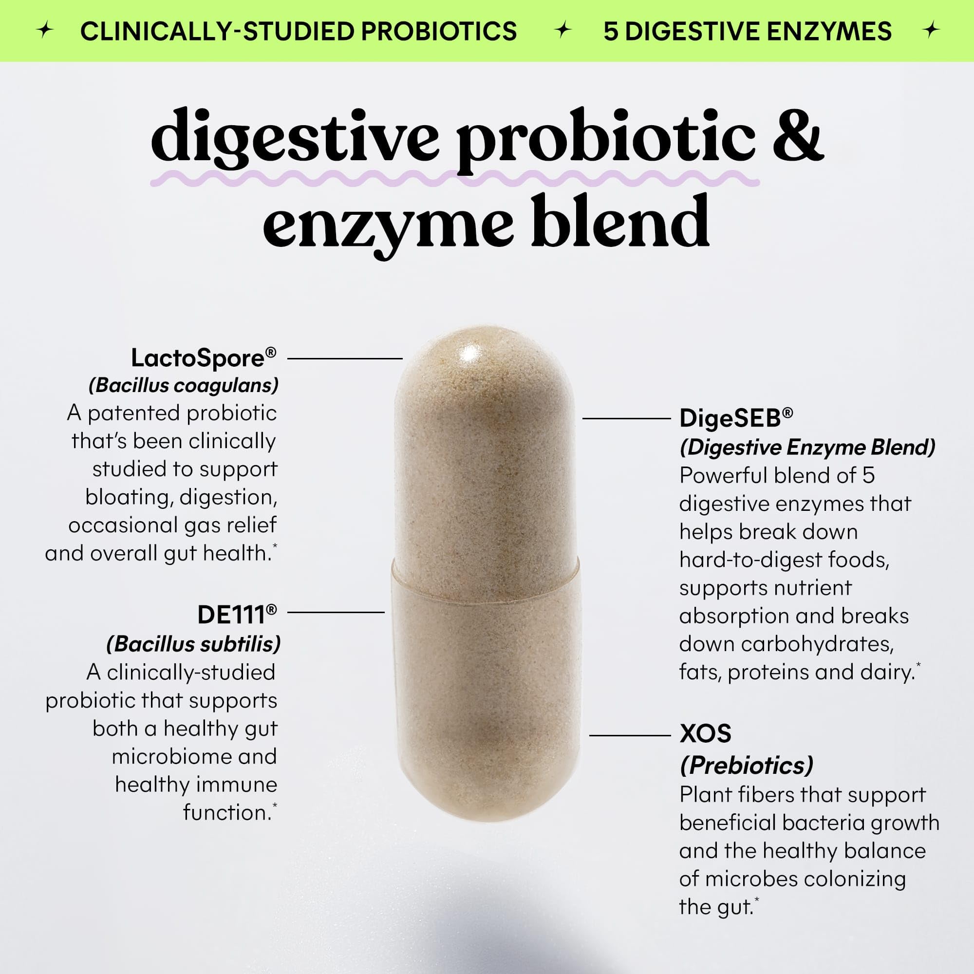 Bottle label highlighting clinically studied probiotics LactoSpore and DE111