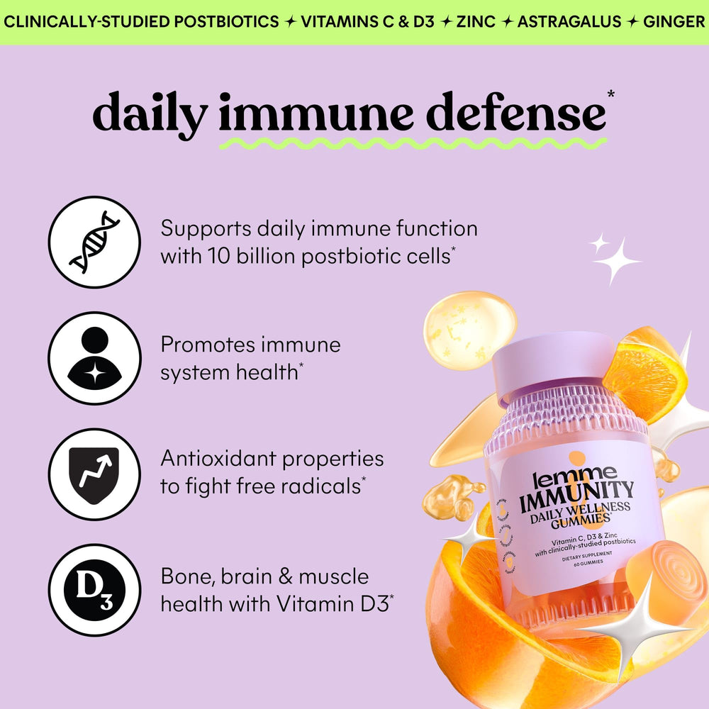 Bottle and box view of Lemme Immunity Postbiotic Gummies with Vitamin C, D3, zinc