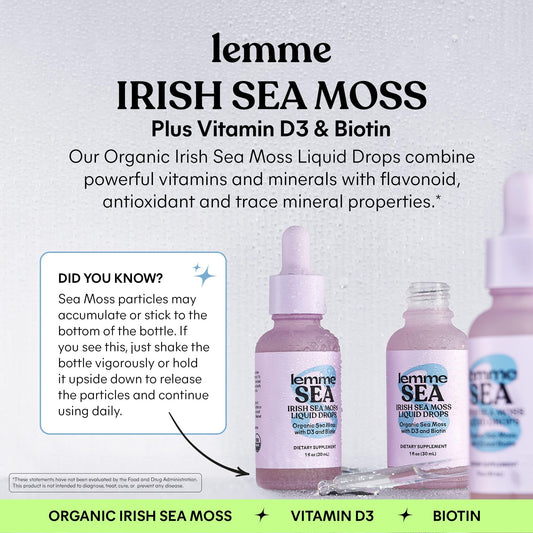 Close-up of Lemme Sea Moss drops bottle label highlighting organic and gluten-free