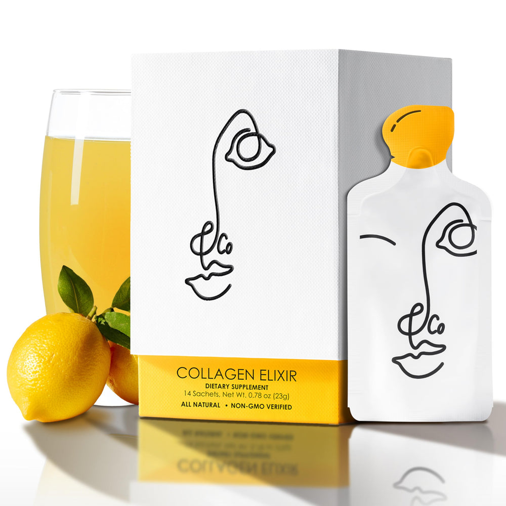 LEMON & CO. liquid collagen bottle being poured for glowing skin and strong nails