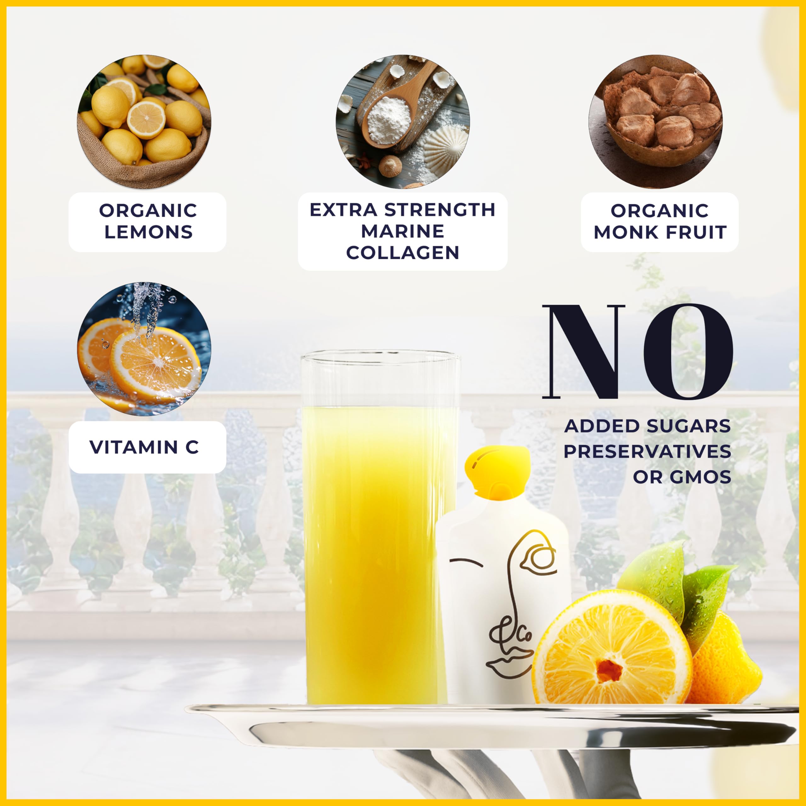 Fresh lemon slices beside a LEMON & CO. bottle to emphasize organic ingredients