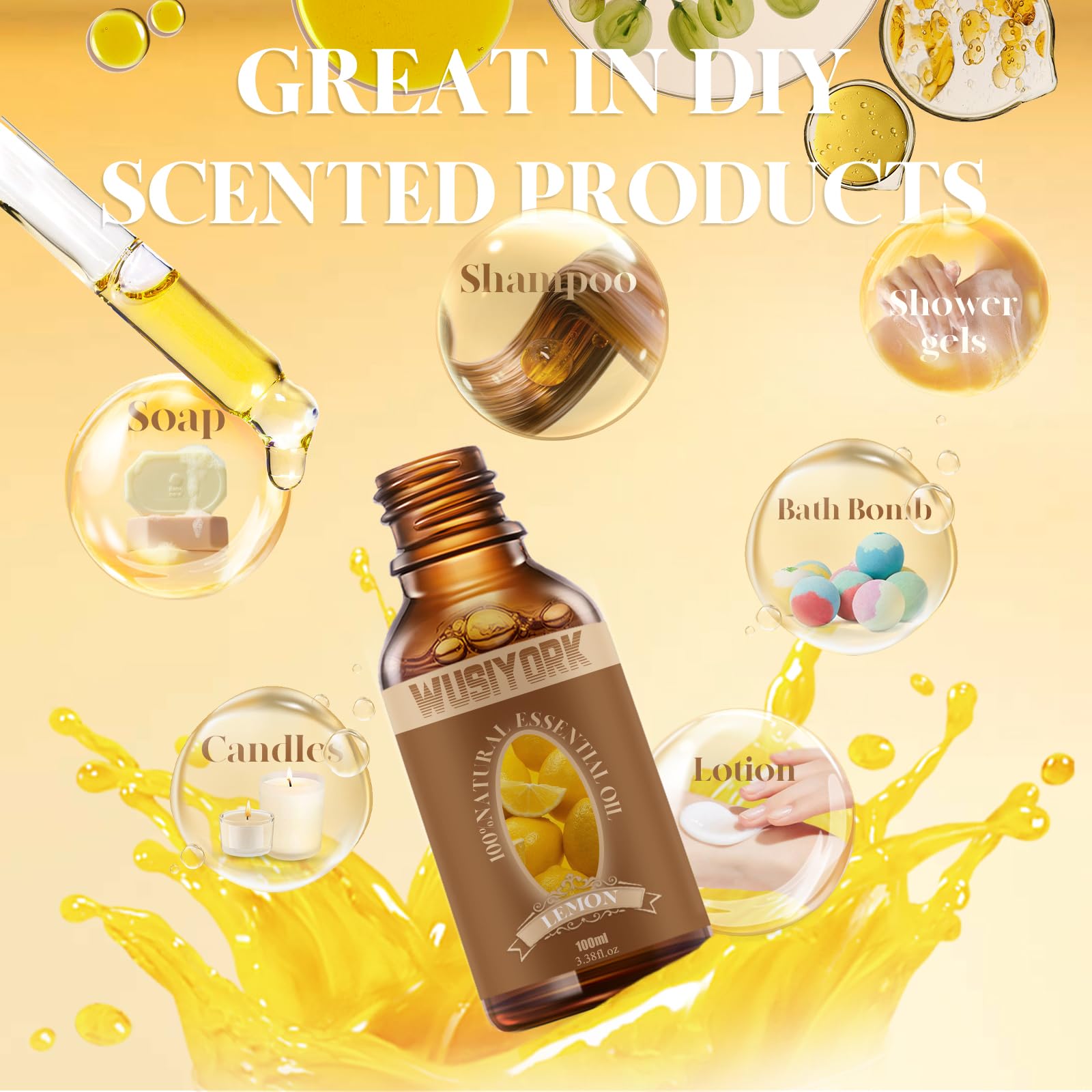 Close-up of lemon essential oil bottle label